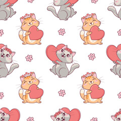 Seamless pattern with kawaii cute valentine cats with hearts and flowers for valentine's day