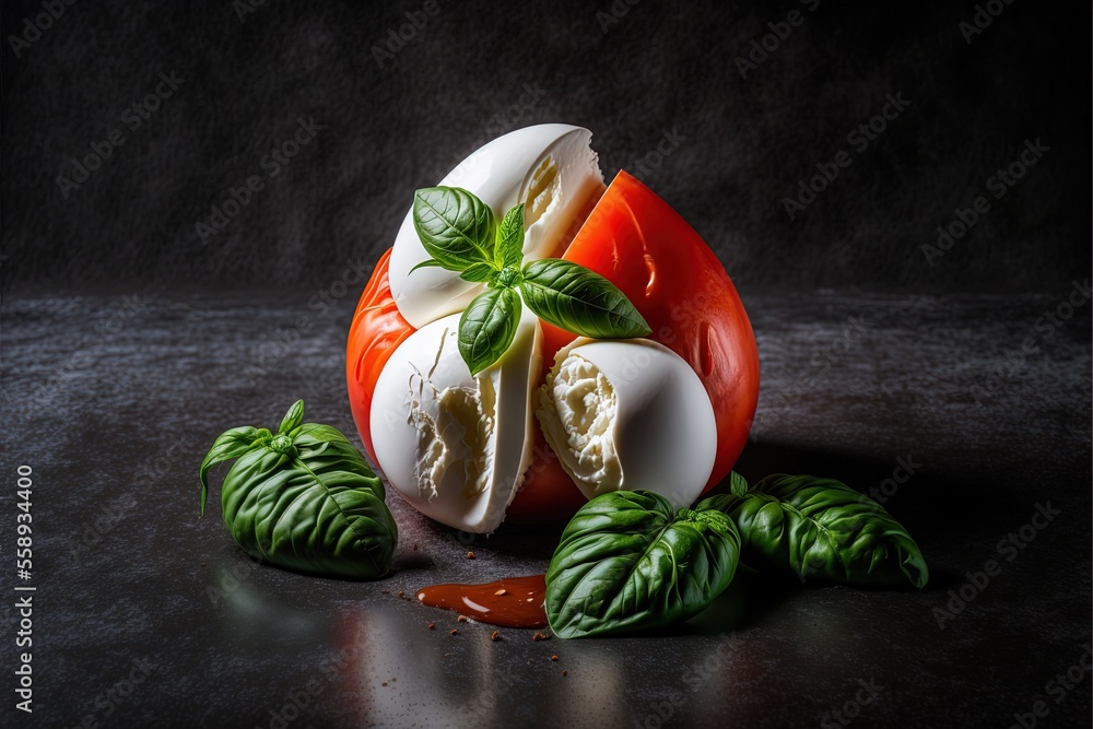 Poster a tomato and basil stuffed into a ball of cheese and sauce on a black surface with a spoon in it and