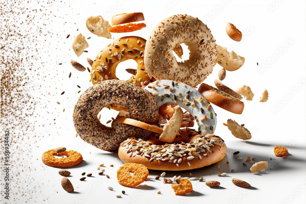 Poster a pile of donuts with different toppings falling out of them on a white background with a splash of 