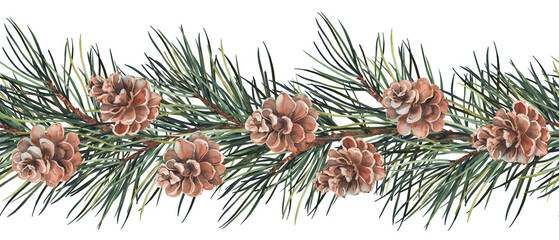 Seamless horizontal border with pine tree branches and cones. Watercolor illustration isolated on white background.