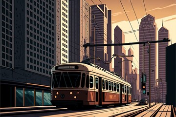 Naklejka premium a train traveling through a city next to tall buildings and traffic lights on a street corner with a traffic light in the foreground and a cityscape in the background with skyscrapers