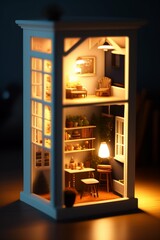 A realistic dollhouse living room,kitchen room and bed room luxury hyper realistic vintage cozy interior lighting