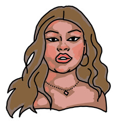 Beautiful young black woman smiling with white teeth. Model girl for beauty salon, hairdressing, cosmetic shop. Girl with long dark hair and big eyes. Hand drawn illustration. Cartoon style drawing.