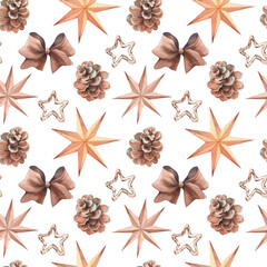 Seamless pattern with Christmas and decoration and pine cones. Watercolor illustration on white background.