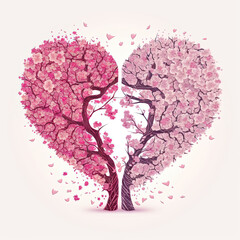 two sakura trees in a shape of heart. Generative AI picture.