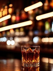 Cold soda cocktail with cola, dark rum and orange in a glass on a bar, bar restaurant background with bottles.