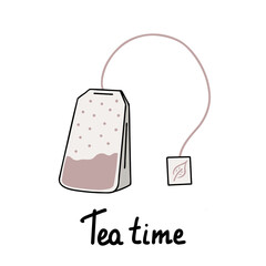 Tea bag, tea time text. Vector Illustration for printing, backgrounds, covers and packaging. Image can be used for greeting cards, posters, stickers and textile. Isolated on white background.