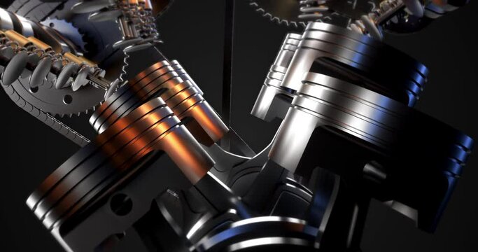 Close up powerful V8 engine. Moving pistons and crankshaft. Golden injector rings. Camera moving around. Perfect loop.