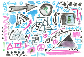 Set colorful grunge brush strokes abstract business symbol and sign, doodle watercolor on paper, isolated on white background, photo, clipping path