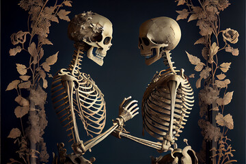 A pair of skeletons in a loving posture symbolizing love beyond the grave, generative AI - obrazy, fototapety, plakaty