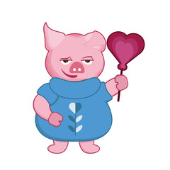 character for valentine's day with a heart in his hand, pig character shows class for an advertising banner, poster, postcard