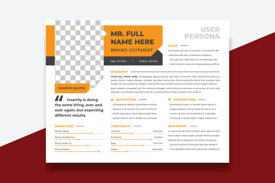 User Persona Document Template Vector Illustration. Examples of User Personas template. Persona Document. Persona Template for UI UX designer. User Persona vector horizontal template with double color