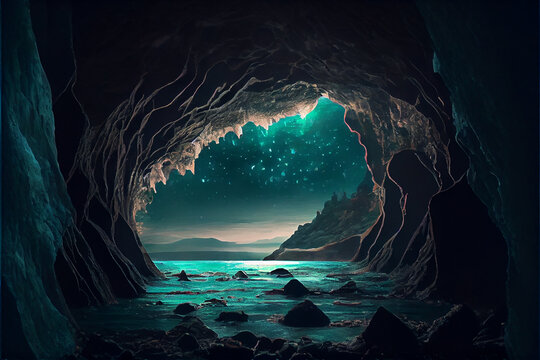 Cave in the ocean with blue light, perfect for backgrounds, generative ia
