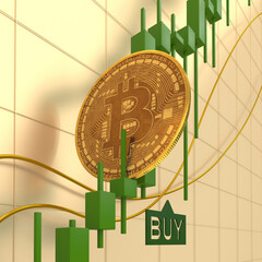 Bitcoin coin lies on the green candles of uptrend. Green chart of bitcoin in the bull market. Pump in the cryptocurrency market. 3D render.