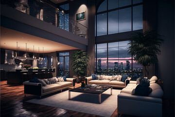 Fototapeta premium Penthouse Living Room, Luxury Apartment with Skyline City View, Generative ai