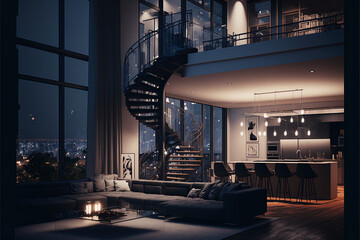 Penthouse Living Room, Luxury Apartment with Skyline City View, Generative ai - obrazy, fototapety, plakaty