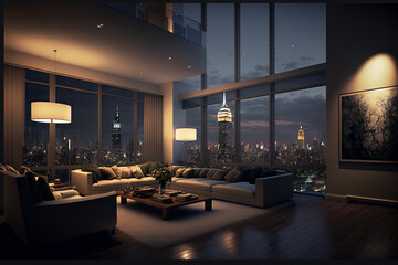Penthouse Living Room, Luxury Apartment with Skyline City View, Generative ai - obrazy, fototapety, plakaty