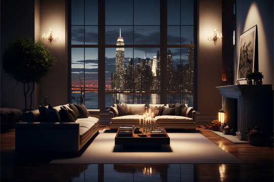 Penthouse Living Room, Luxury Apartment With Skyline City View, Generative Ai