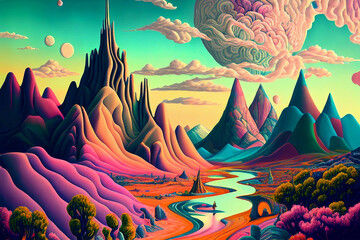 Fototapeta na wymiar Fantasy colorful landscape with desert and mountains created with generative Ai techonology