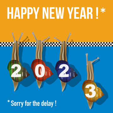 Carte de vœux 2023 originale et drôle, avec une course d’escargots symbolisant les retardataires ou ceux qui ont oublié de souhaiter leurs meilleurs vœux pour la nouvelle année.