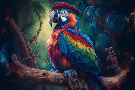 Digital Acrylic Painting of Pirate Parrot on Branch. Generative ai