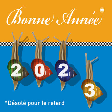 Carte de vœux 2023 originale et drôle, avec une course d’escargots symbolisant les retardataires ou ceux qui ont oublié de souhaiter leurs meilleurs vœux pour la nouvelle année.