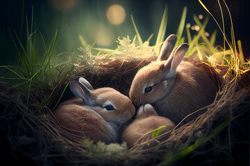 Obraz premium Adorable baby Bunnies in Their Nest. Generative ai