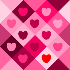 Diagonal checkered square pattern with pink and red tone color of the hearts. Abstract geometric seamless pattern background. Pink hearts, valentine's day concepts