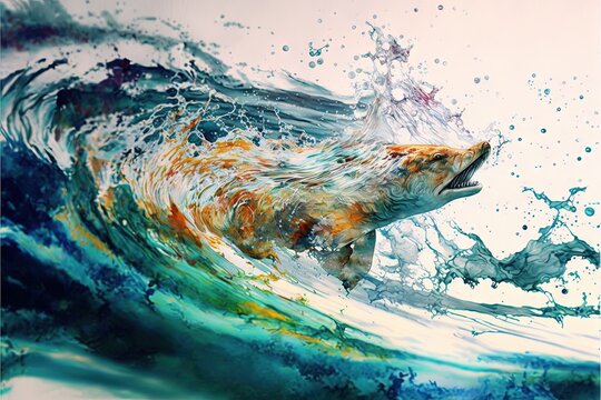 A Painting Of A Fish In The Water With A Wave Coming Up From It's Mouth And A Splash Of Water On The Bottom Of The Water.