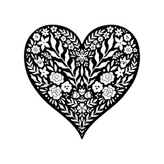 Floral heart shape in linocut style. Flowers decorative love symbol Valentines day. Blossom heart shape with rose, leaf. Vector illustration isolated white background. Cute romantic decor for postcard