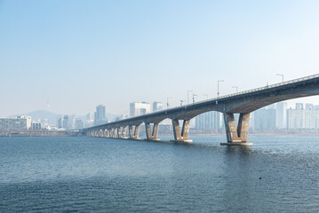 Han river and Seoul cityscape in winter in South Korea