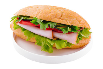 Delicious ham sandwich isolated on white plate