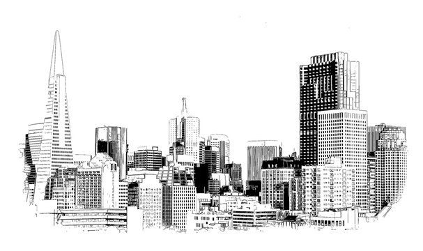 Financial District San Francisco Skyline, ink sketch illustration isolated on white background.