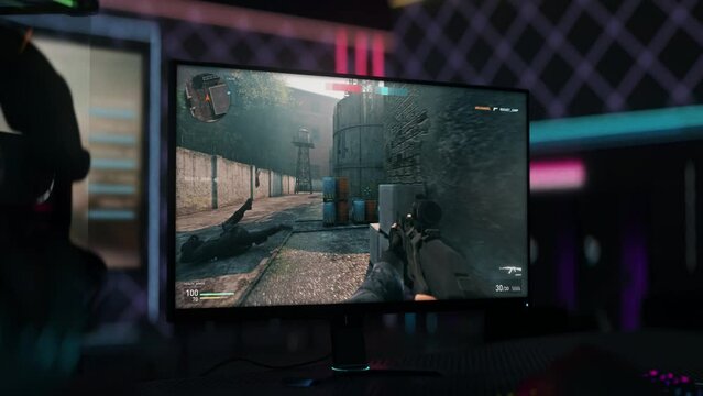 Soldier Picks Up Military Combat Weapon And Scores Kills On Enemy Team In FPS Video Game. Playing Military FPS Online Combat Match. Victory Screen. Army Combat. Military FPS Simulator. Assault Rifle