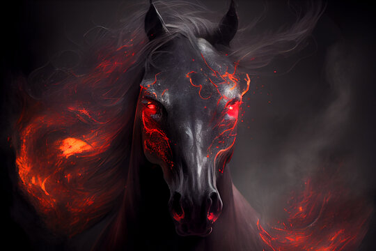 Black Burning Demonic Horse With Fiery Eyes