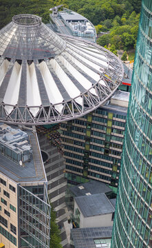 Berlin, Germany - June 29, 2022: The Sony Center at the Potsdamer Platz. A Sony sponsored complex of eight buildings with the vaulted roof. Aerial view from the Kollhoff Tower at Panorama point Berlin
