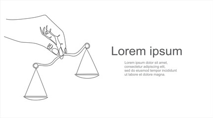 One single line drawing of hand holding weight scale symbol for world day of social justice in continuous line drawing