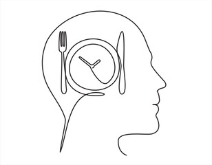 continuous stylized modern drawing of a human head and Plate with o clock, fork, knife,  thinking about food. Time to eat. flat vector linear illustration on  white background. 