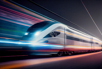 Fototapeta na wymiar A high speed train with Hologram Lighting . (ai technology)