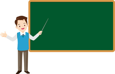 Teacher in classroom.School teacher,educational worker standing beside chalkboard