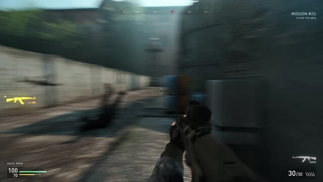 Failing a difficult challenge of the military warfare simulation game. Player dying to the npc shot and failing mission in a military game. Defeat screen after failing the military game level.