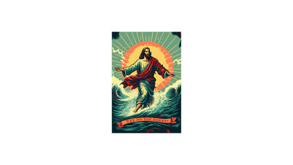 Jesus Walking On Water Retro Illustration