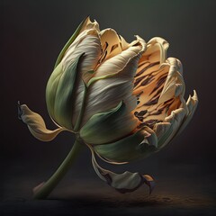 a flower that is sitting on a table in the dark room with a dark background and a black background behind it.