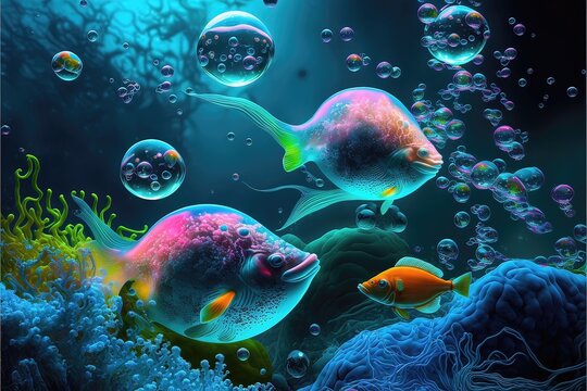 Neon underwater world coral seaweed deep sea fish and bubbles. Fantasy Fluorescent aquatic ocean abstract glow in the dark background. Generative AI