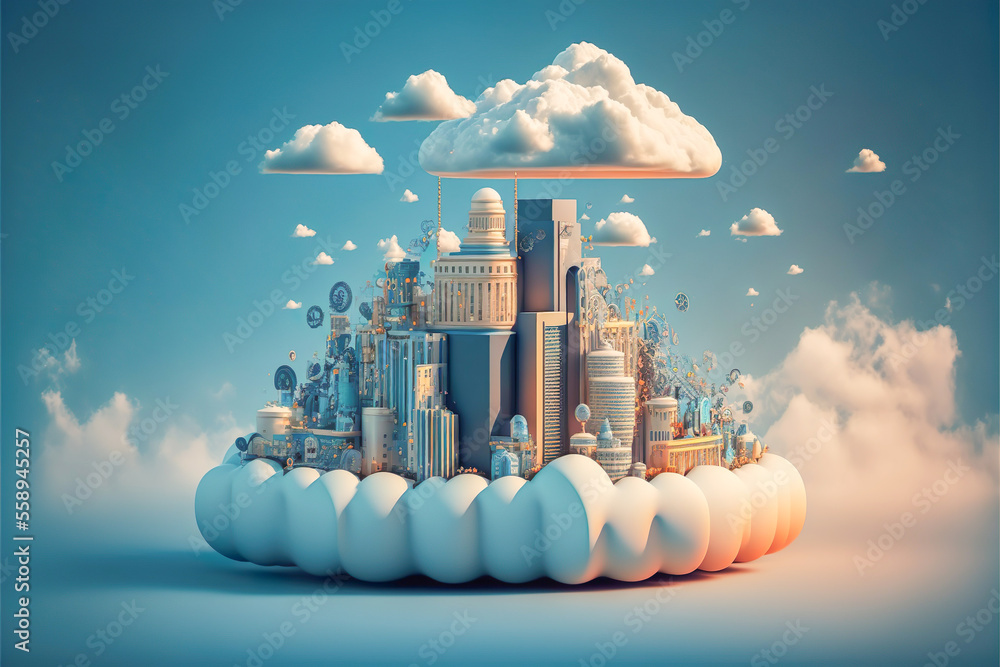 Poster communication with cloud storage, smart city on podium with digital cloud over virtual technology da