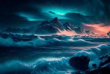 Fototapeta na wymiar Storm on the ocean, northen light. Beautiful landscape of Islandia, Norway