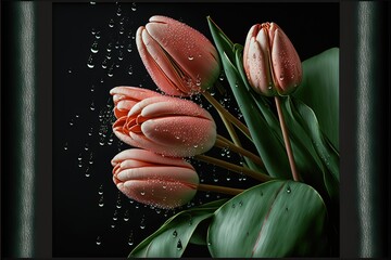 a picture of three pink flowers with water droplets on them and a green leafy stem with water droplets on it.