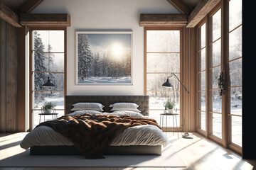 Nice cosy chalet interior of wooden bedroom overlooking winter forrest. AI generative for Real estate business.