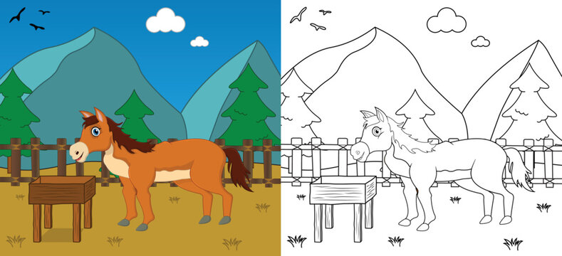 Cute cartoon horse coloring page with line art, kids activity page vector illustration