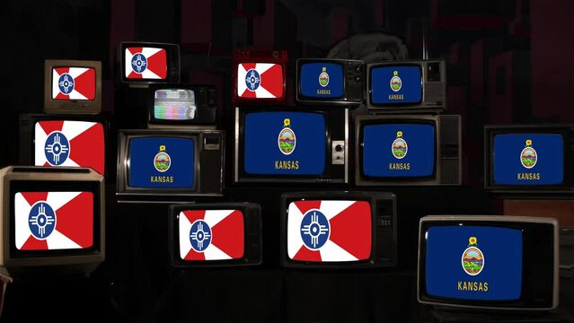 Flag of Wichita and Flag of Kansas, on Retro Televisions. 4K Resolution.